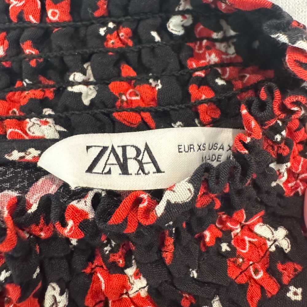 Zara Black and Red Floral Maxi Dress with Ruched neckline and shoulder ruffle